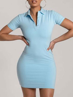 Robes Moulantes Femmes Courtes à Col Revers avec Manches Courtes Coupe Cintrée Unicolore sexy