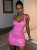 Robes Moulantes Femmes Courtes à Col Revers Décolleté en V en Cuir Synthétique Vernies Coupe Cintrée Unicolore Sexy Robe Femme