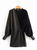 Robes Moulantes Femmes Courtes à Col V avec Manches Longues Amples à Cuir Synthétique Cousu en Velours Unicolore Bimatières
