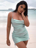 Robes Moulantes Femmes Courtes avec Bretelles en Satins à Col Décolleté en U avec Dos Nu Coupe Cintrée Unicolore Sexy