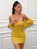 Robes Moulantes Femmes Courtes avec Epaules Nues avec Manches Longues à Lacets Coupe Cintrée Unicolore Sexy