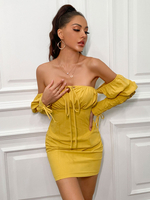 Robes Moulantes Femmes Courtes avec Epaules Nues avec Manches Longues à Lacets Coupe Cintrée Unicolore Sexy