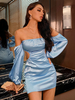 Robes Moulantes Femmes Courtes avec Epaules Nues avec Manches Longues Amples Vernis Coupe Cintrée Unicolore Sexy