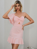 Robes Moulantes Femmes Courtes avec Manche Volante avec Epaules Dénudées à Col Décolleté en V Coupe Cintrée avec Dos Nu Unicolore Sexy