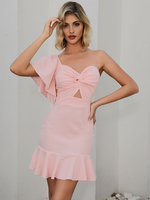 Robes Moulantes Femmes Courtes avec Manche Volante avec Epaules Dénudées à Col Décolleté en V Coupe Cintrée avec Dos Nu Unicolore Sexy