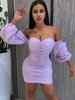 Robes Moulantes Femmes Courtes avec Manches Courtes Amples à Col Décolleté en V Coupe Cintrée avec Epaules Nues Unicolore Sexy