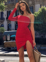 Robes Moulantes Femmes Courtes avec Manches Longues avec Epaules Nues Coupe Cintrée Fente Latérale Elastique Unicolore Sexy