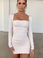 Robes Moulantes Femmes Courtes avec Manches Longues Coupe Cintrée à Col Décolleté en Carré Unicolore Sexy