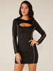 Robes Moulantes Femmes Courtes Imprimé les Rayures à Col Rond Ouvert sur Devant avec Manches Longues Coupe Cintrée Bicolores Sexy