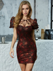 Robes Moulantes Femmes Courtes Imprimés à Col Carré à Lacets avec Manches Courtes Amples avec Dos Nus Coupe Cintrée Bicolores Sexy