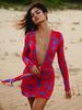 Robes Moulantes Femmes Courtes Imprimés les Fleurs à Col Décolleté en V avec Manches Longues Coupe Cintrée à Lacets Bicolores Sexy
