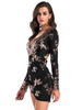 Robes Moulantes Femmes Courtes Imprimés les Fleurs avec Manches Longues à Col Décolleté en V avec Dos Nu à Lacets Bicolores Sexy