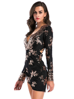 Robes Moulantes Femmes Courtes Imprimés les Fleurs avec Manches Longues à Col Décolleté en V avec Dos Nu à Lacets Bicolores Sexy