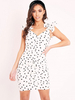 Robes Moulantes Femmes Courtes Imprimés les Pois avec Bretelles Volantes à Col Décolleté en V Coupe Cintrée Bicolores Sexy