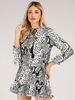 Robes Moulantes Femmes Courtes Imprimés Serpentines à Col Rond à Lacets avec Manches Longues Coupe Cintrée Bicolores