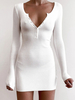 Robes Moulantes Femmes en Mailles à Col Décolleté en V avec Manches Longues Unicolore Fermeture avec Boutons Sexy