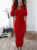 Robes Moulantes Femmes en Mailles à Col Décolleté en V avec Manches Longues Unicolore Sexy Robes Moulantes Femmes