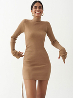 Robes Moulantes Femmes en Mailles avec Col Montant avec Manches Longues Coupe Cintrée Courtes Unicolore à Lacets