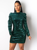 Robes Moulantes Femmes en Paillettes Courtes à Col Montant avec Manches Longues Amples Coupe Cintrée Unicolore