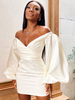 Robes Moulantes Femmes en Satins Coutes avec Manches Longues Amples à Col Décolleté en V avec Epaules Nues Coupe Cintrée Unicolore Sexy