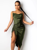 Robes Moulantes Femmes en Satins Mi-longues avec Bretelles à Col U Coupe Cintrée Fente Latérale à Lacets Unicolore Sexy