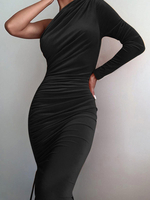 Robes Moulantes Femmes en Velours avec Epaules Nues avec Manches Longues Coupe Cintrée à Lacets Unicolore Sexy