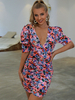 Robes Moulantes Femmes Imprimées avec Plis avec Manches Courtes Amples à Col Décolleté en V Coupe Cintrée Multicolores