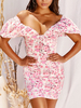 Robes Moulantes Femmes Imprimés les Fleurs à Col Décolleté en V à Lacets avec Manches Courtes Amples Coupe Cintrée Bicolores Sexy
