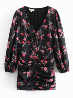Robes Moulantes Femmes Imprimés Les Fleurs à Col V à Lacets avec Manches Longues Amples Bicolores