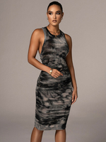 Robes Moulantes Femmes Imprimés Mi-longues à Col Rond Sans Manches Coupe Cintrée avec Plis Multicolores