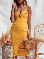 Robes Moulantes Femmes Mi-longues à Col Décolleté en V sans Manches Coupe Cintrée Unicolore Sexy