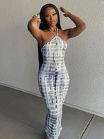 Robes Moulantes Gris Clair Imprimé Sans Manches Tuyauterie Décontractée Halter Dos Nu Robe Slim Fit Robe Fourreau