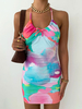 Robes Moulantes Imprimé Floral Bleu Ciel Clair Halter À Lacets Dos Nu Sexy Robe Crayon Sans Manches