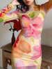 Robes Moulantes Imprimé Floral Jaune Bijou Cou Zipper Asymétrique Casual Manches Longues Robe Crayon