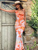 Robes Moulantes Imprimé Floral Oragnge Bretelles Rouges Cou Tuyauterie Stretch Casual Sans Manches Longue Robe Crayon