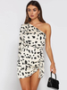 Robes Moulantes Imprimés les Pois avec Manche Longue Coupe Cintrée Epaule Dénudée Fente Latérale Bicolores Sexy