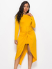 Robes moulantes jaune manches longues plissées décontracté col bijou haut bas design robe ajustée robe fourreau