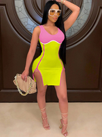 Robes Moulantes Jaune Rose Deux Tons Sans Manches Fermeture Éclair Sexy Robe Fourreau Dos Nu À Col En U
