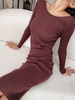 Robes Moulantes Longues en Côtelé Femmes à Col Rond avec Manches Longues Coupe Cintrée Unicolore Robes Sexy