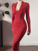 Robes Moulantes Longues Femmes à Col Rever Décolleté avec Manches Longues Coupe Cintrée Unicolore Robes Sexy