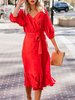 Robes Moulantes Longues Femmes à Col V avec Manches Mi-longues Coupe Cintrée à Lacets Bas Evasée Unicolore