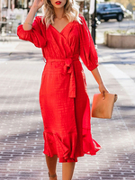 Robes Moulantes Longues Femmes à Col V avec Manches Mi-longues Coupe Cintrée à Lacets Bas Evasée Unicolore
