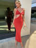 Robes Moulantes Longues Femmes Sexy avec Bretelles à Col Décollée en V Coupe Cintrée Creuant Unicolore Robes Moulantes Sexy