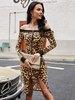 Robes Moulantes Léopards Courtes Femmes avec Manches Longues avec Epaule Dénudée à Zip avec Fente Bicolores Sexy