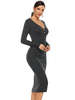 Robes Moulantes Mi-longues Femmes à Col Décolleté en V avec Manches Longues Coupe Cintrée Unicolore Décors avec Boutons
