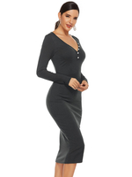 Robes Moulantes Mi-longues Femmes à Col Décolleté en V avec Manches Longues Coupe Cintrée Unicolore Décors avec Boutons