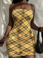 Robes moulantes motif à carreaux jaune passepoil sans manches bretelles sexy cou épaule ouverte robe ajustée robe fourreau