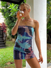 Robes moulantes motif imprimé bleu sans bretelles plissée extensible robe crayon décontractée sans manches