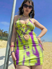 Robes moulantes motif imprimé vert clair sans manches à lacets décontracté licou ouvert épaule robe mi-longue robe fourreau