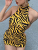Robes Moulantes Motif Tigre Imprimé Sans Manches Tuyauterie Décontractée Col Haut Dos Nu Robe Slim Fit Robe Fourreau
